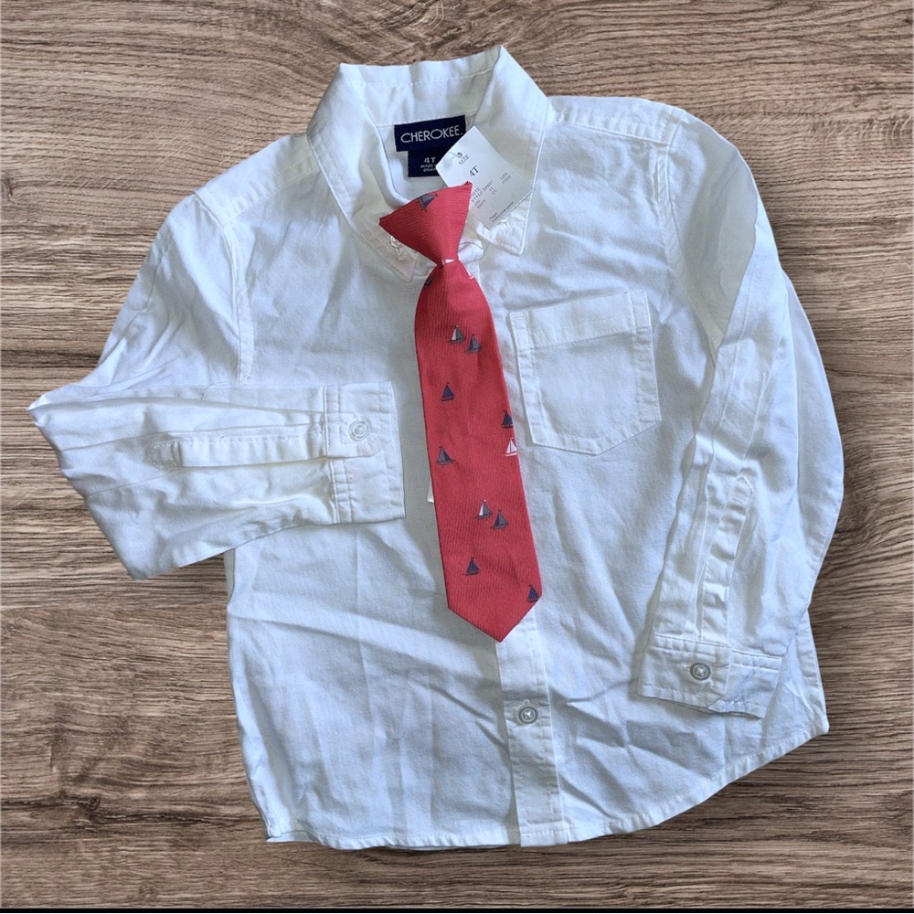 Cherokee White Button Down Crisp White Long Sleeve Dress Formal Shirt & Tie NWT
